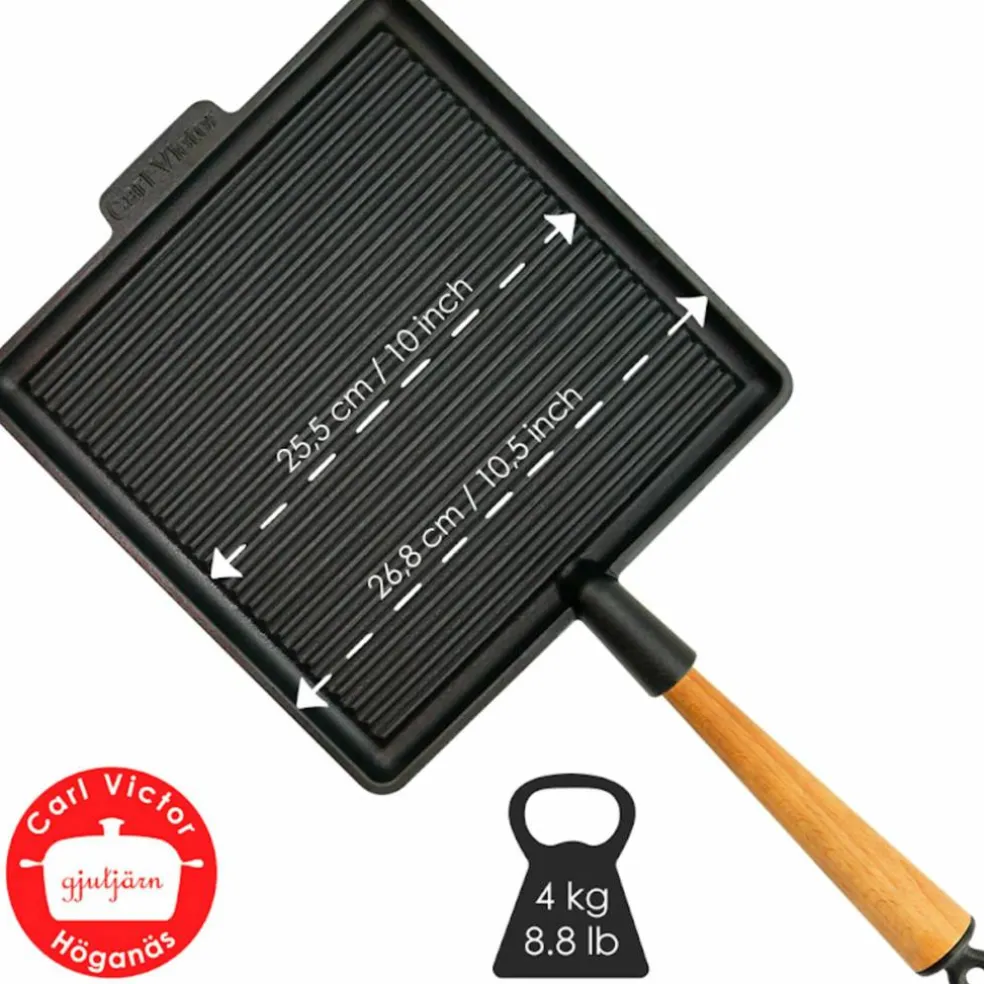 Fyrkantig gjutjärnsgrillpanna 28 cm, stålhandtag