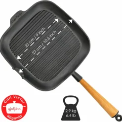 Fyrkantig gjutjärnsgrillpanna 28 cm med höga kanter, stålhandtag