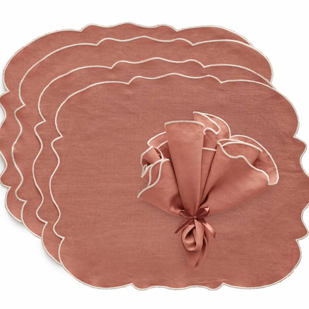 Gia textilset 4 bordstabletter + 4 servetter, rosa/vit