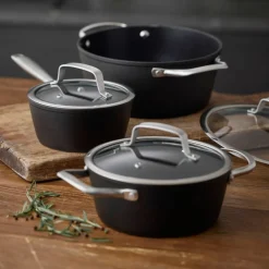 Grytset med glaslock 6 delar, svart aluminium