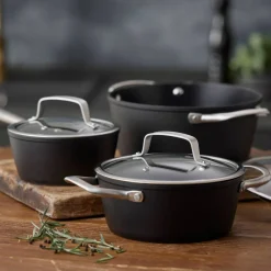 Grytset med glaslock 6 delar, svart aluminium