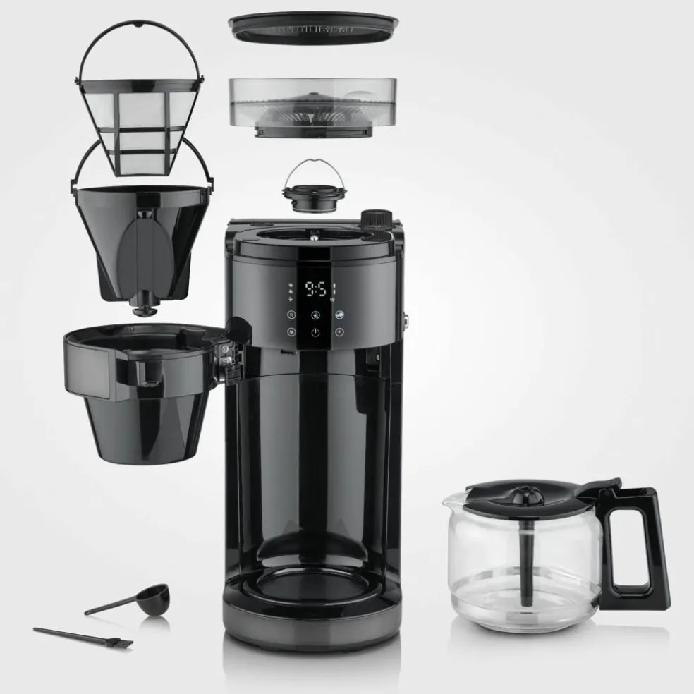 Kaffebryggare med kvarn & glaskanna, dark inox