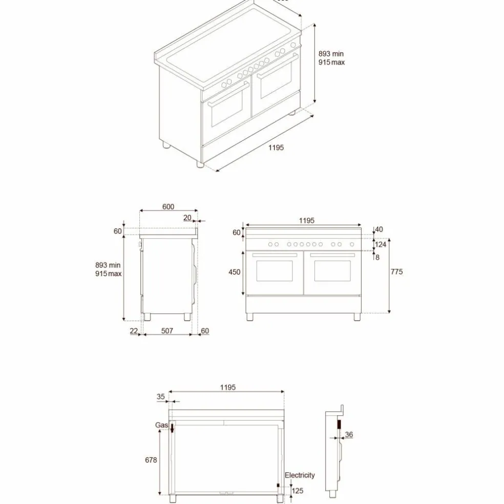 MAS125I2EXT2 Master induktionsspis 120 cm med 5 zoner, stekbord och 2 ugnar, rostfritt stål