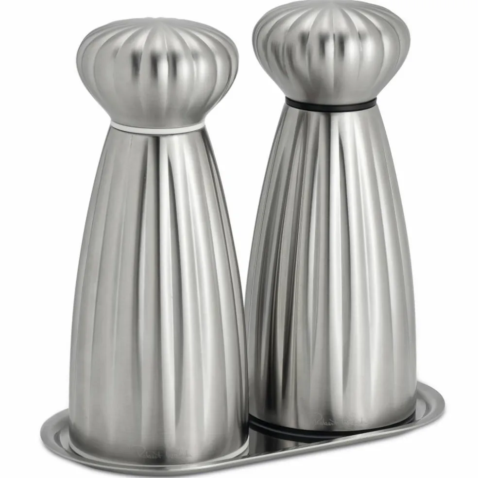 Palm Satin salt- och pepparkvarn med bricka 17 cm, rostfritt stål
