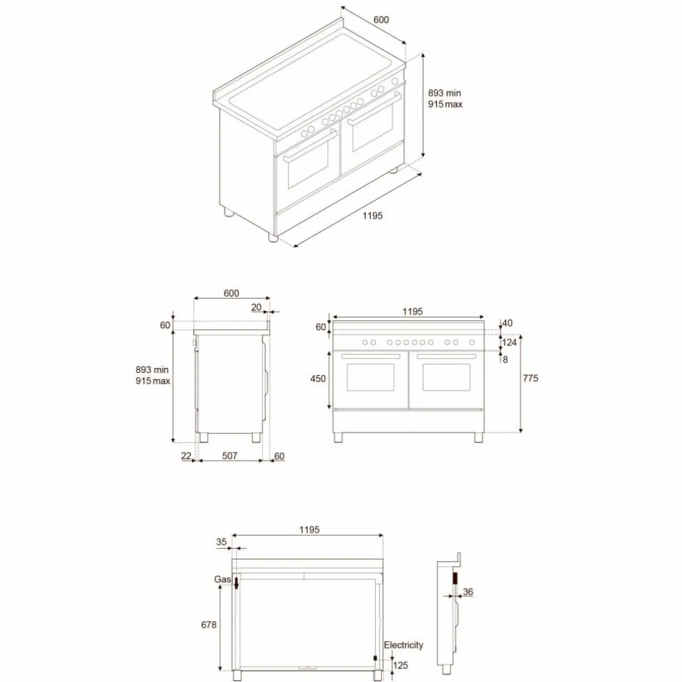 Professional PRO125I2EBIT2 induktionsspis 120 cm med 5 zoner, elektriskt stekbord och 2 ugnar, vit