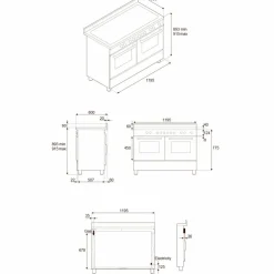 PRO126G2ENET2 Professional gasspis 120 cm med 6 brännare, elektriskt stekbord och 2 ugnar, svart