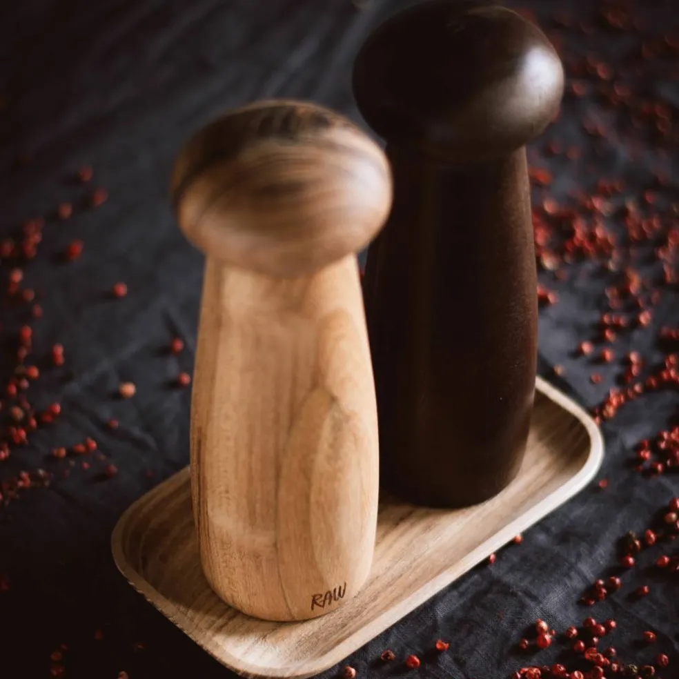 Raw kvarnset + bricka, teak/dark wood