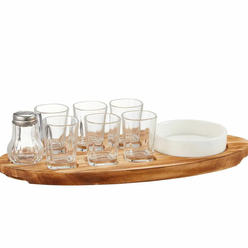 Shotbricka med 6 glas inklusive saltkar och skål