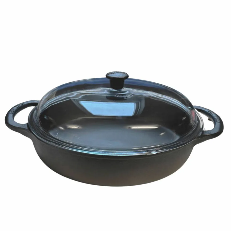Traktörpanna med glaslock 32 cm, gjutjärn
