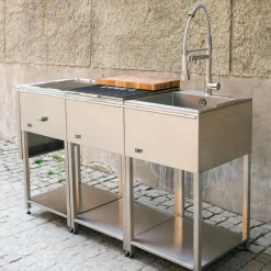 Utekökspaket B: kolgrill + sidobord + diskho, rostfritt stål
