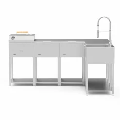 Utekökspaket L: kolgrill + 4 sidobord + diskho, rostfritt stål